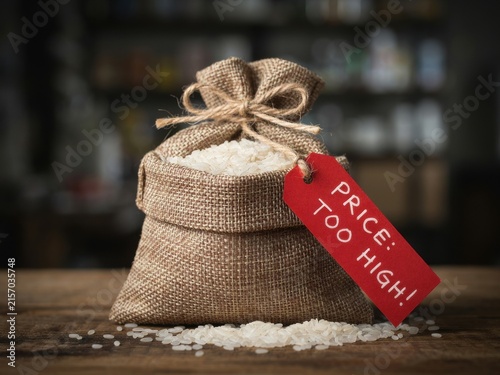 Burlap sack of white rice with a 
