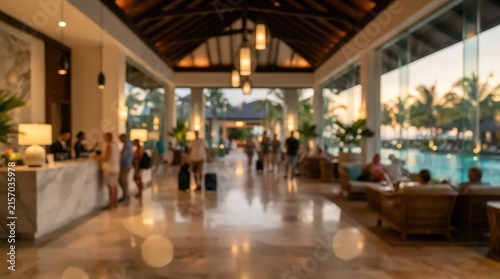 defocused view of luxury tropical resort lobby with travelers checking in at marble reception during sunset