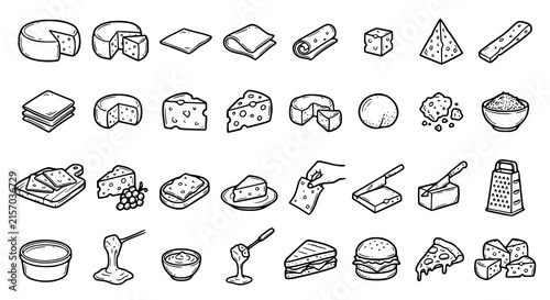 Hand Drawn Cheese Outline Doodle Collection – Dairy Food and Restaurant Menu Vector Icons
