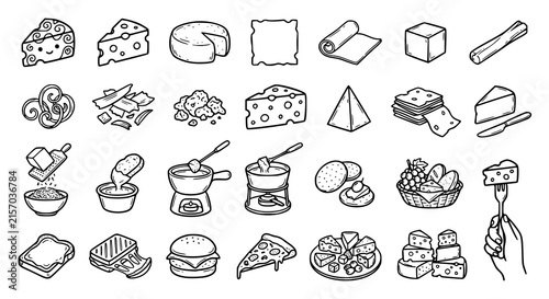 Cute Cheese Doodle Line Art Set – Cheese Slices, Wedges and Food Elements Vector Illustration