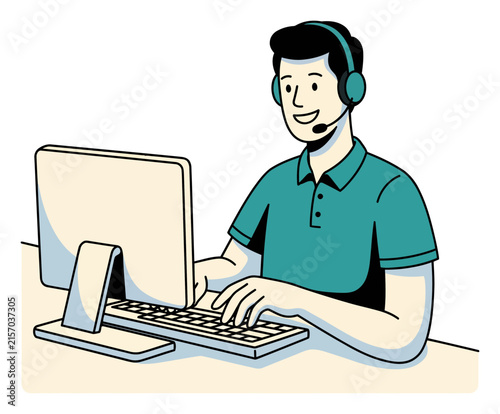 Friendly Call Center Operator Man Wearing Headset and Typing on Keyboard. Tech Support Customer Service Agent Illustration. Help Desk Worker Portrait Vector Graphic.