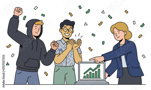 Happy business team celebrating success and profit. People looking at growth chart on laptop. Start up concept illustration. Vector of colleagues with money. Green bar graph finance.