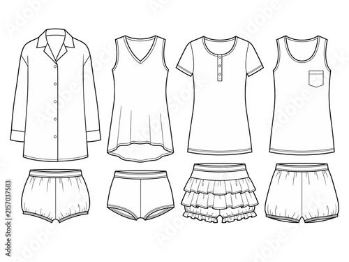 pajama set flat sketch vector illustration womens loungewear ruffle shorts, bloomers and various tops technical cad drawing template