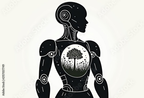 Robot with tree inside chest symbolizing nature within technology