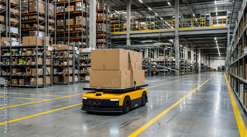 Foto Autonomous mobile robot carrying large cardboard boxes through a modern industri