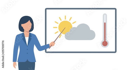 Professional meteorologist using a pointer to present weather forecasts with sun and cloud symbols on a clean white vector background