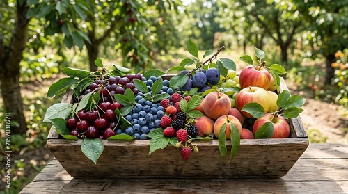 Colorful fresh fruit bowl on wooden table outdoors.