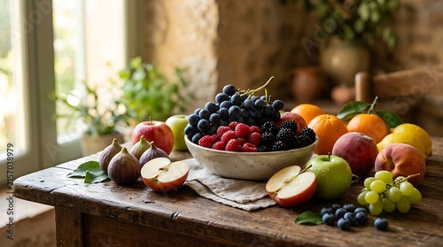 Colorful fresh fruit and berry arrangement on wooden board.