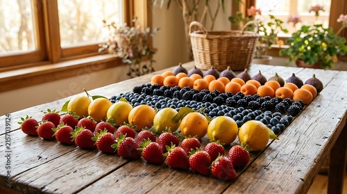 Colorful fresh fruit display in rustic wooden bowl.