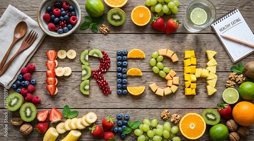 Colorful fresh fruits and vegetables arranged creatively.