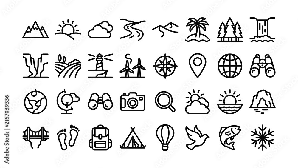 Fototapeta premium Collection of travel and outdoor activity icons with transparent background
