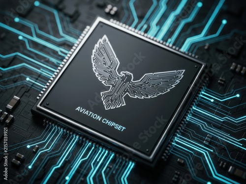 High tech aviation chipset with eagle circuitry icon on electronic circuit board