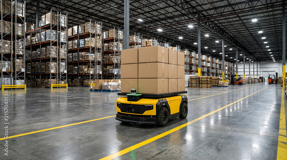 Naklejka premium Autonomous industrial robot carrying a tall stack of cardboard boxes through a massive modern warehouse facility with bright overhead lighting
