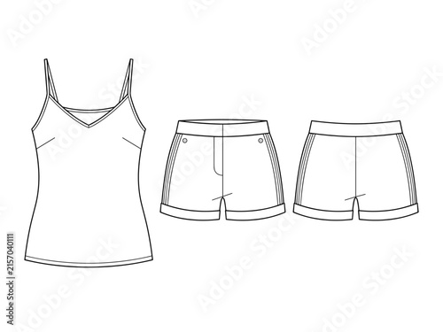 Women camisole and shorts set flat technical drawing illustration, front and back view classic blank streetwear mock-up template for design tech packs cad summer activewear outfit