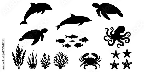 Photography Black silhouettes of marine life, sea creatures, and aquatic plants on white bac