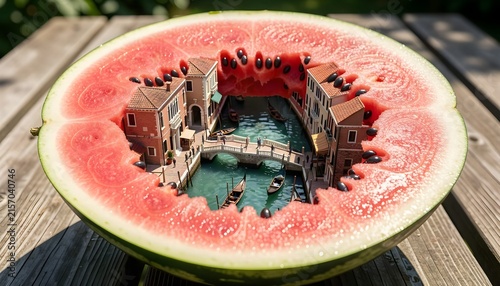 Surreal miniature house and swimming pool built inside a sliced watermelon, combining food and architecture in a playful fantasy scene that explores imagination, unusual scale and summer living.