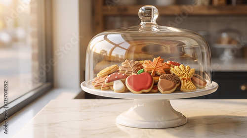 A festive collection of autumn cookie designs displayed under a glass dome stand on a marble countertop in a cozy kitchen setting during the fall season