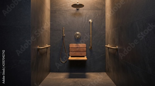 Admire symmetrical dark accessible shower interior featuring brass safety bars and folded wooden bench