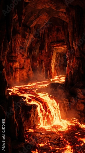 Glowing orange molten lava flowing through a dark volcanic cave with stalactites hanging from the ceiling and hot liquid rock on the ground