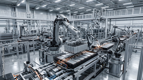 Cuadro en lienzo Robotic arms working on an automated battery production line inside a modern bri