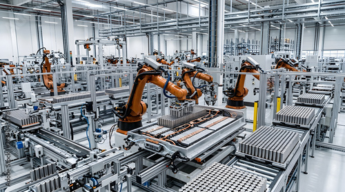 Cuadro en lienzo Industrial robotic arms assemble battery cells for electric vehicles on an autom
