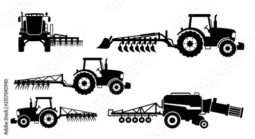 Tractor and farming equipment silhouettes on white background with black silhouettes tractors six black agriculture harvesting machinery with vehicles