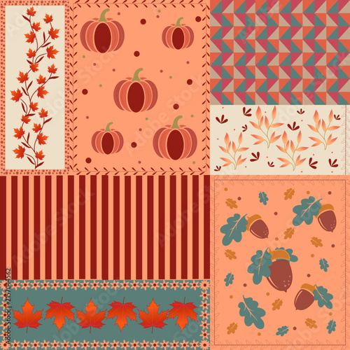 Autumn Decorative patchwork Pattern orange, red, beige and teal tones Maple Leaves and Acorns