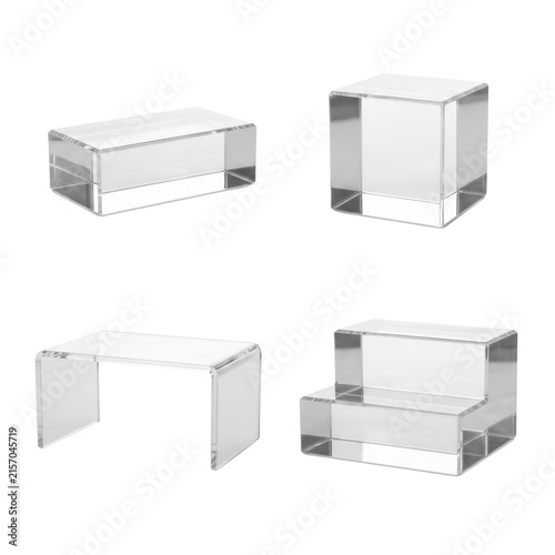Konstfotografi Clear acrylic display risers and pedestals set mockup