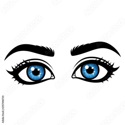 A cartoon illustration of a pair of blue eyes with thick eyebrows.