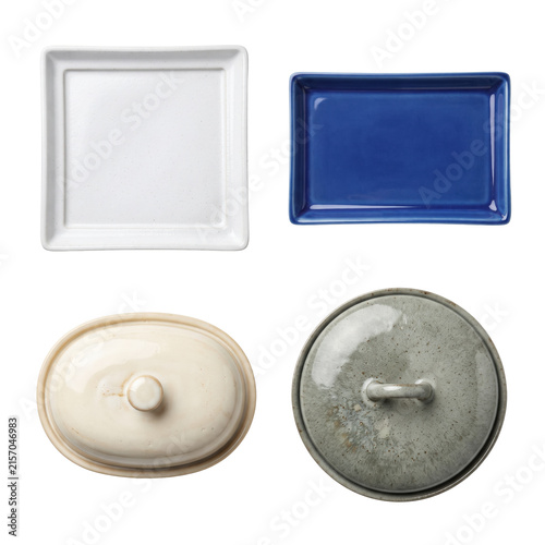 Photography Assorted ceramic butter dishes and stoneware serving trays