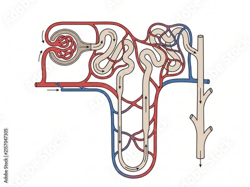 Diagram of nephron anatomy showing renal corpuscle and tubule blood flow with physiology filtration excretory education corpuscle structure capillaries function illustration glomerulus