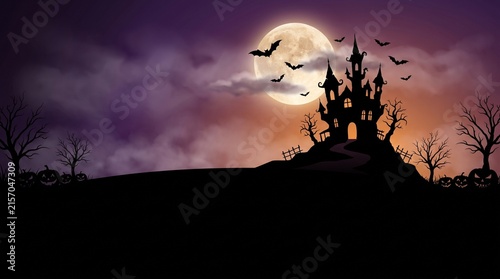 Canvastavla Spooky haunted castle silhouette against full moon night sky with glowing pumpki