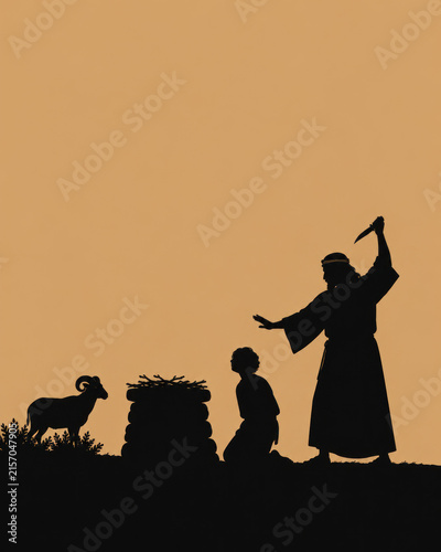 Biblical Stories in Silhouette – Abraham and Isaac Before the Sacrifice with Ram and Stone Altar on Sandstone Background
