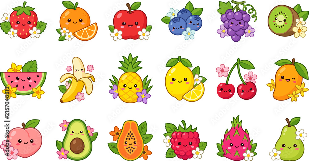 Naklejka premium Cute pixel art fruit icons collection isolated on transparent background