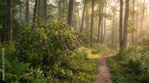 Lush green forest path in the warm morning sunlight. american beautyberry