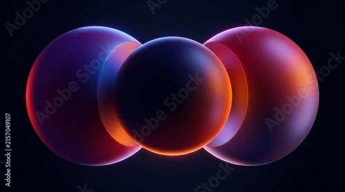 Three abstract glowing spheres with vibrant gradient colors on a dark background for modern design and technology concepts.