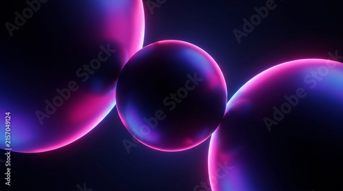 Three abstract glowing spheres with vibrant pink and blue gradients on a dark background for bold and dynamic concepts.
