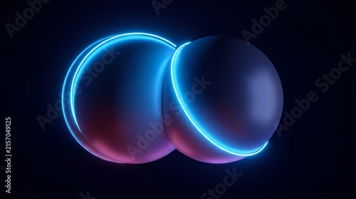Abstract spheres glowing with neon blue light creating futuristic minimal wallpaper design.