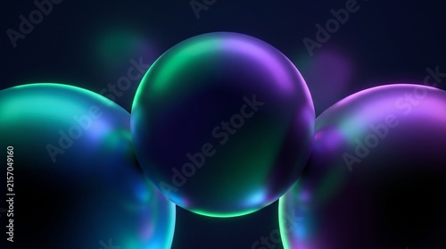 Three spheres glowing with vivid emerald green and violet light for modern digital backgrounds.