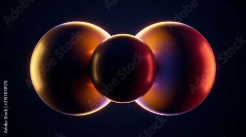 Minimalist digital design featuring dark spheres with warm golden and orange backlit halo edges.