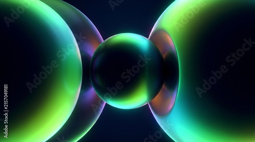 Symmetrical composition of holographic spheres with iridescent green and purple lighting effects.