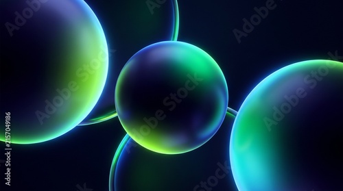 Futuristic green and cyan bioluminescent glass spheres floating in a dark digital void.