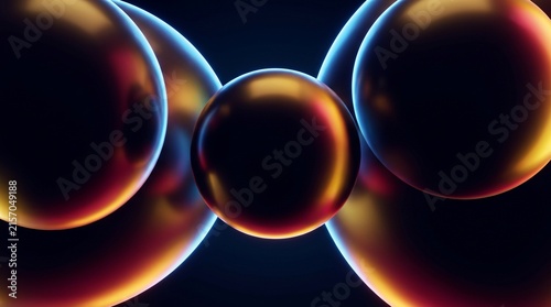Dynamic 3D illustration of metallic orbs with vibrant amber and blue rim highlights in dark space.