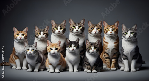 A group of diverse cute cats sitting together in a studio