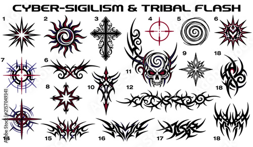 Fotografía Tribal tattoo flash set containing cyber sigils, skull art, and cross symbols