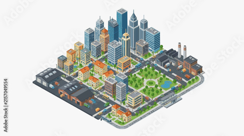 Industrial Isometric Cityscape with Skyscrapers Factories Residential Buildings and Green Parks in Vibrant Colors