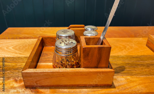 Traditional Wooden Condiment Holder With Salt Pepper And Spice Jars