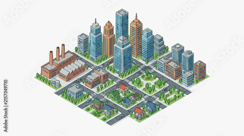 Dynamic Isometric Cityscape Showcasing Skyscrapers Industrial Buildings and Residential Homes with Green Spaces