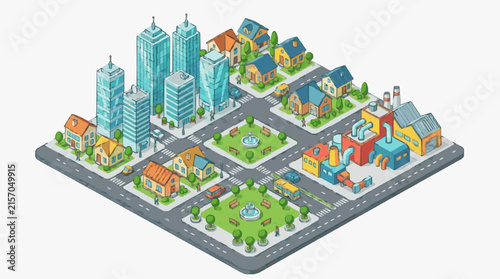 Industrial and Residential Isometric Cityscape with Skyscrapers Houses Factories and Parks in Bright Colors