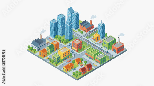 Sleek Isometric Cityscape Featuring Modern Skyscrapers Residential Homes and Industrial Buildings in Vibrant Colors